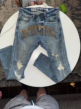 Icecream Light Blue Distressed Men’s Jeans with Embroidered Logo